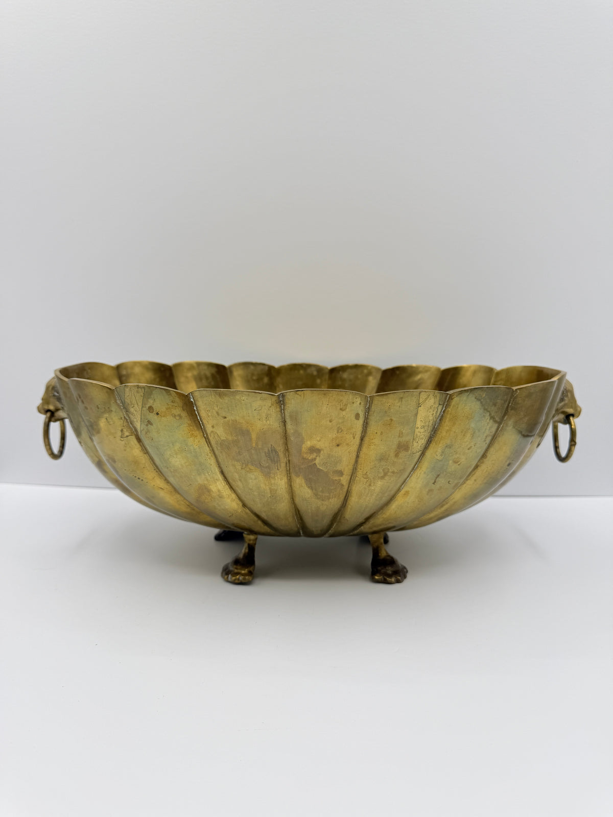Brass Footed Bowl with Lion Mask Handles, 13"