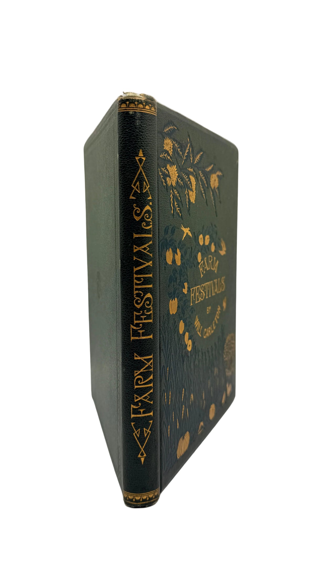 A vintage hardcover book titled 'Farm Festivals' with dark green leather-like binding and gold foil decorative illustrations and lettering, standing upright on a white surface against a white background.