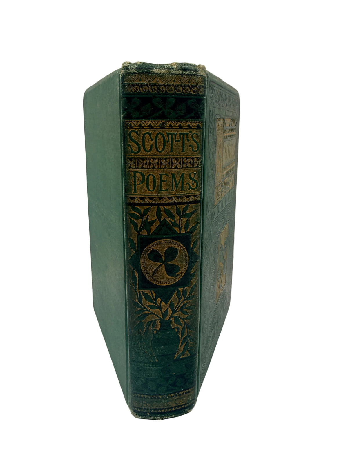 A vintage hardcover book titled 'Scott's Poems' with a dark green cloth cover and ornate gold embossed detailing on the spine, photographed against a plain white background.