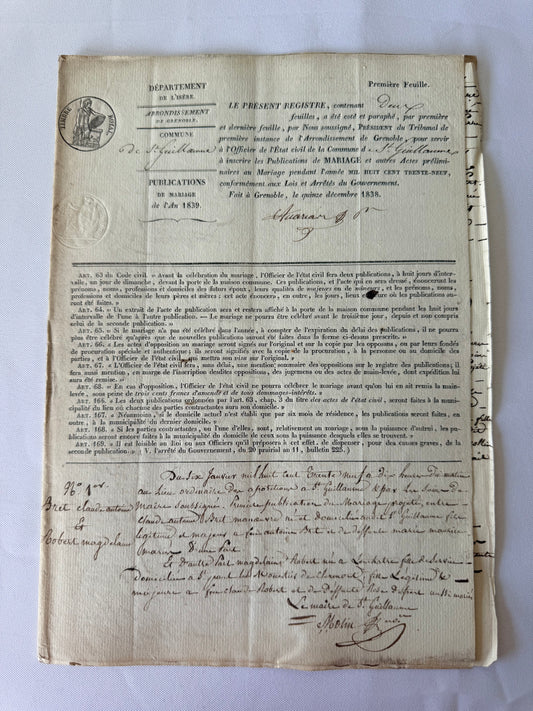 French Publication of Marriage, 1839, Grenoble