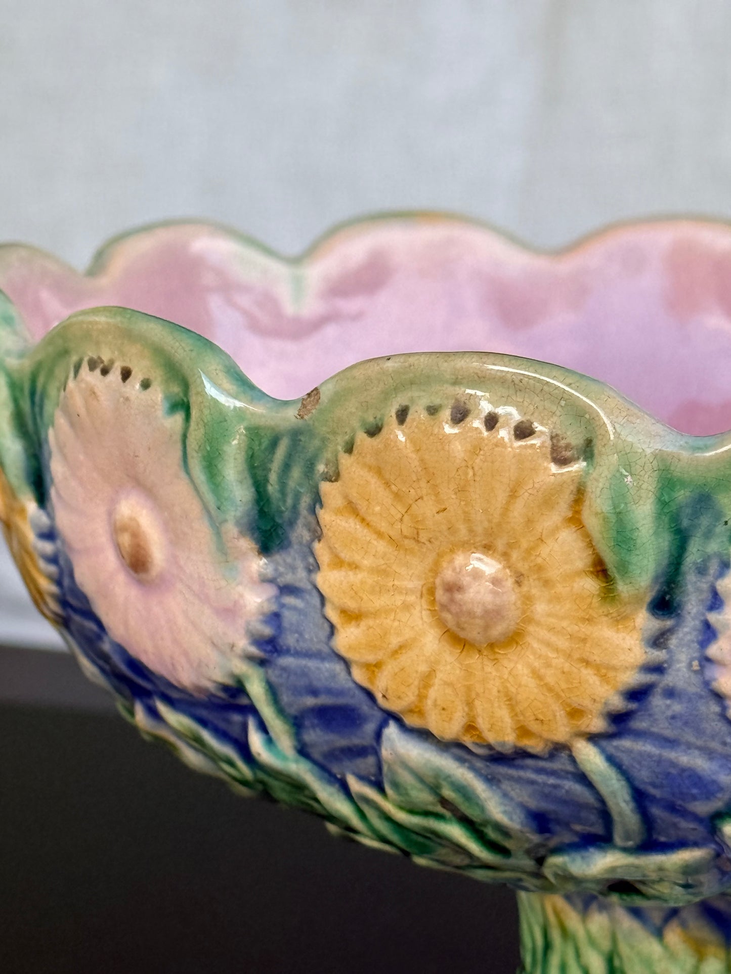 Majolica Ceramic Floral Compote Centerpiece, Griffin Smith