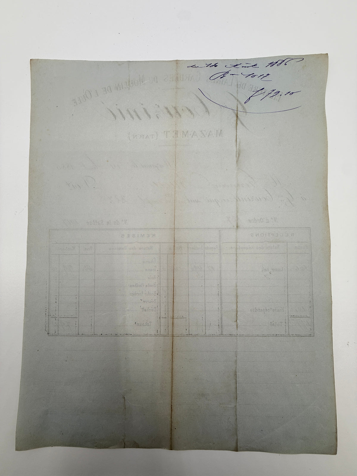 French Antique Blue Tone Invoice, 1886