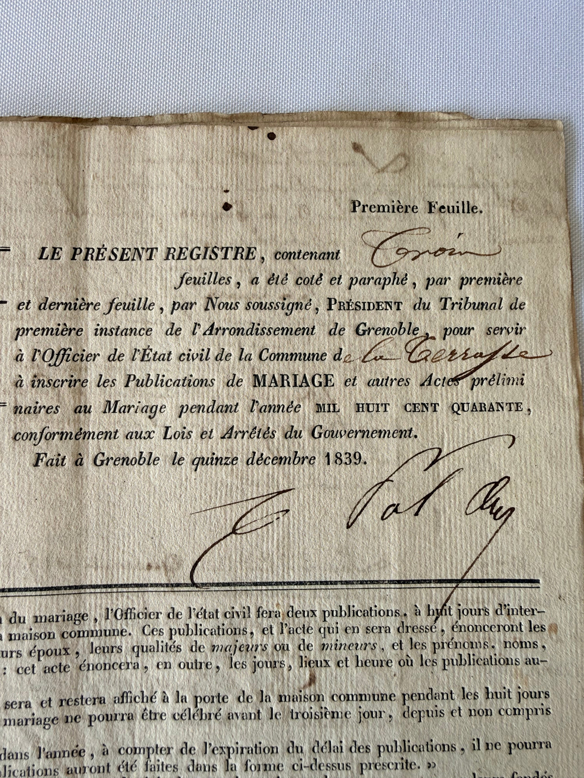 French Publication of Marriage, 1840, Grenoble DSM Vintage