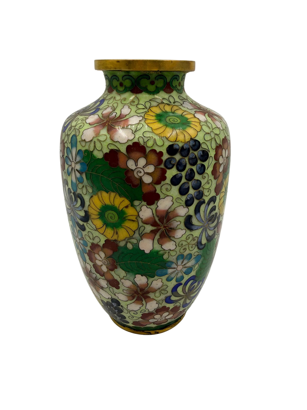 A decorative ceramic vase with a floral cloison pattern on a light green background, featuring gold-toned trim at the rim and base, set against a plain light gray background.
