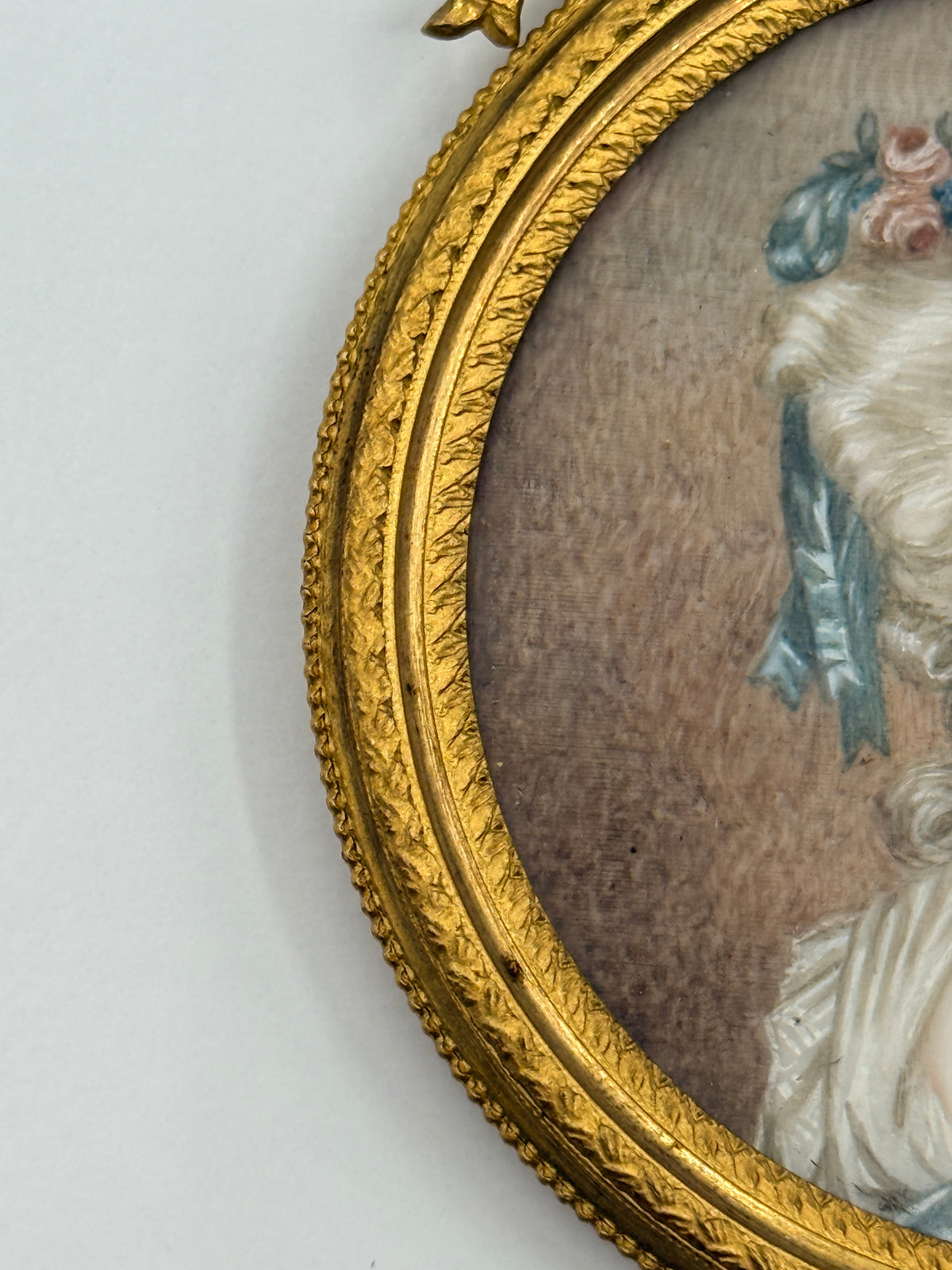 Miniature French Framed Female Portrait in Round Crowned Gold Frame, 3”