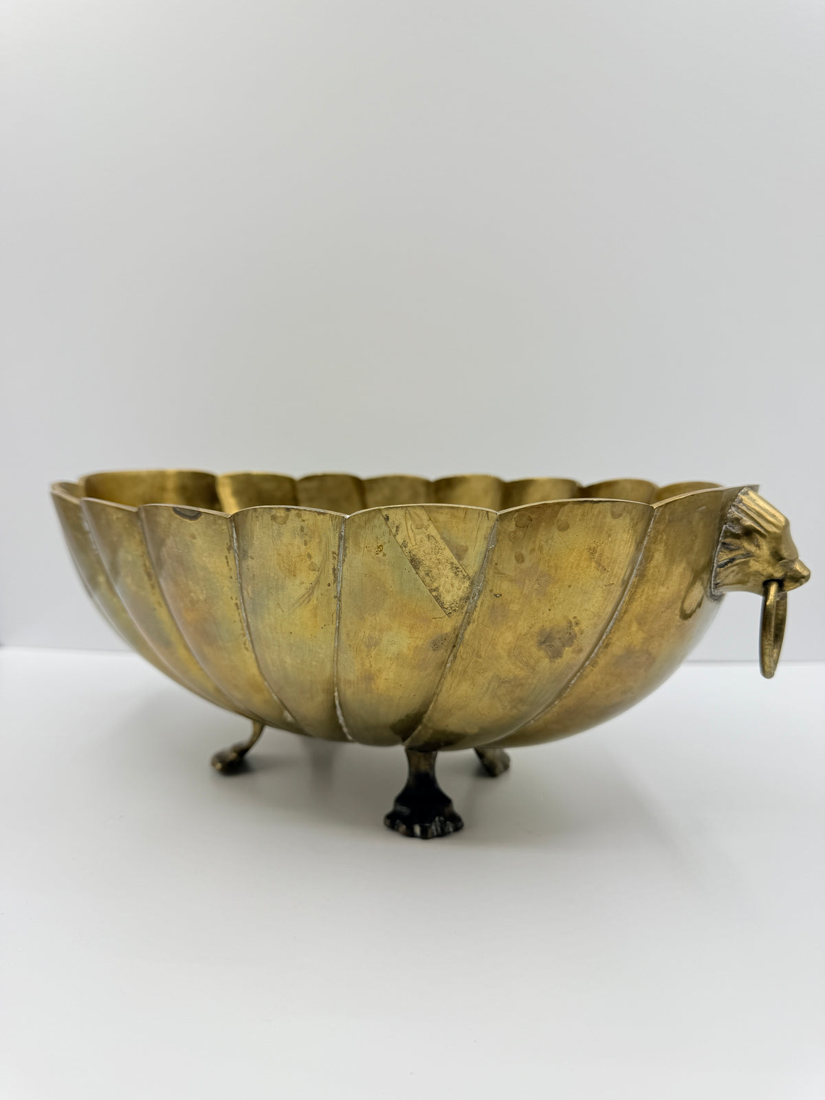 Brass Footed Bowl with Lion Mask Handles, 13"