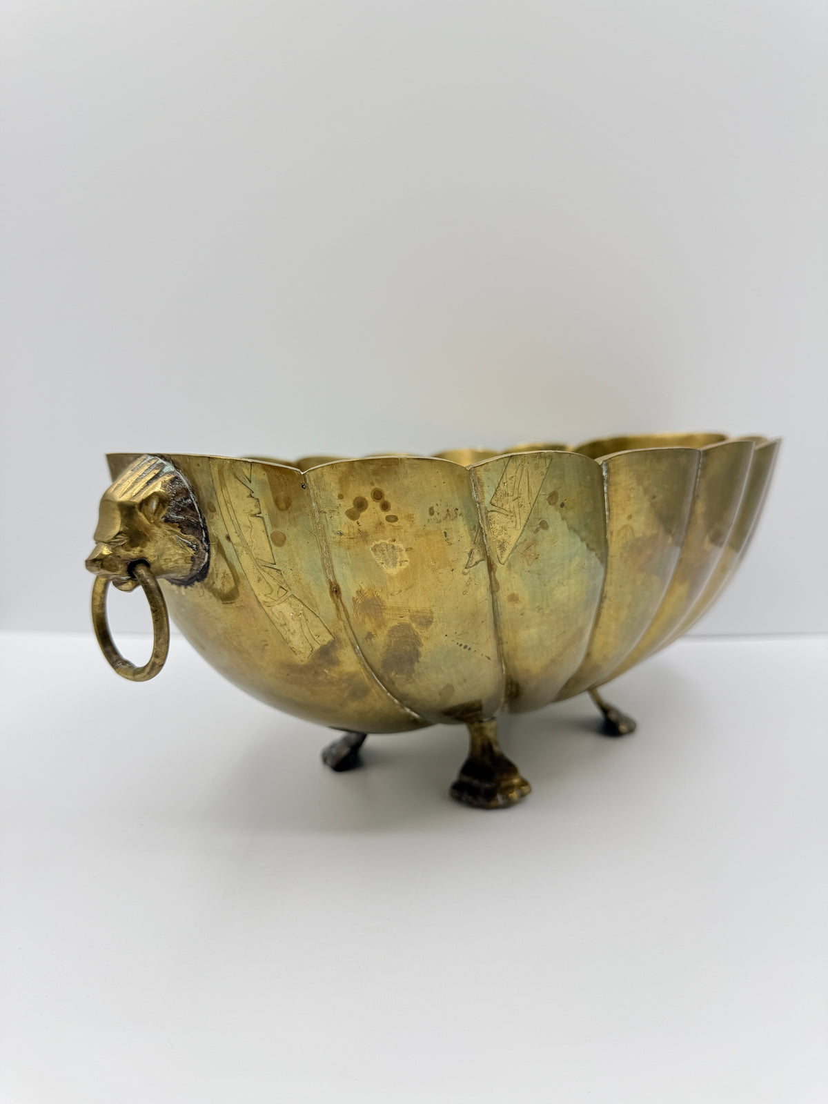 Brass Footed Bowl with Lion Mask Handles, 13"