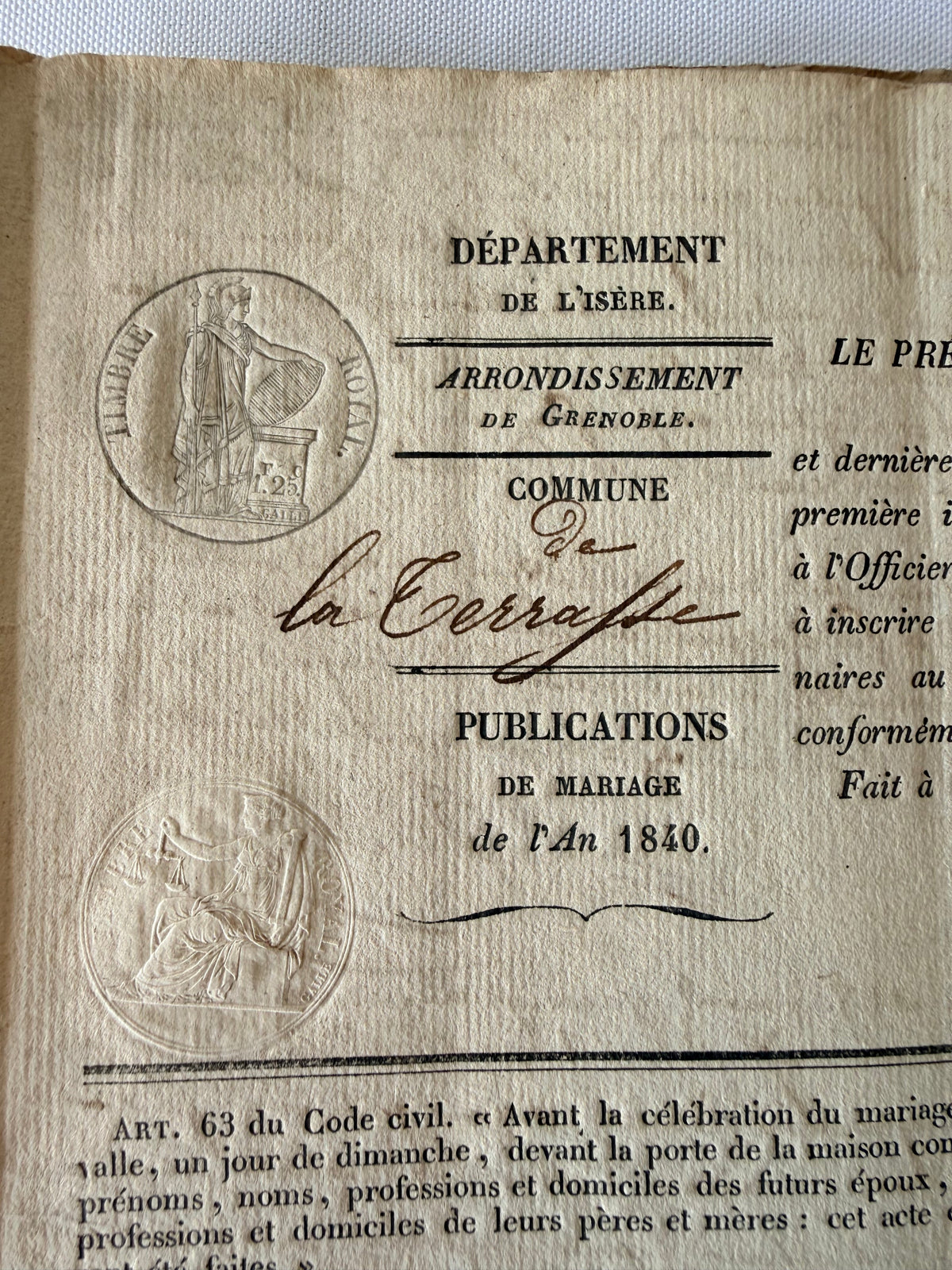 French Publication of Marriage, 1840, Grenoble DSM Vintage