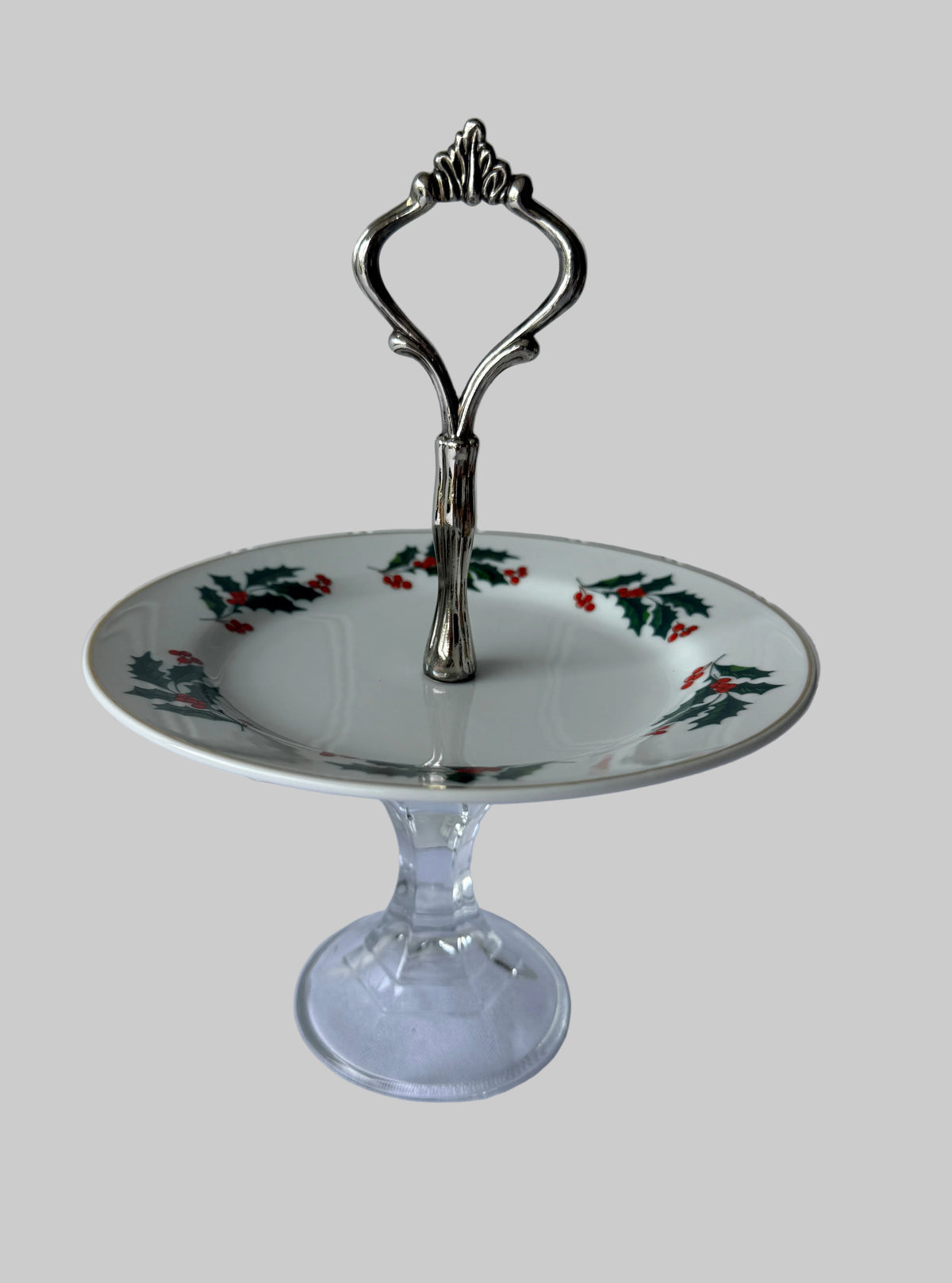 Vintage Christmas Holly Berry Pedestal Serving Plate Display