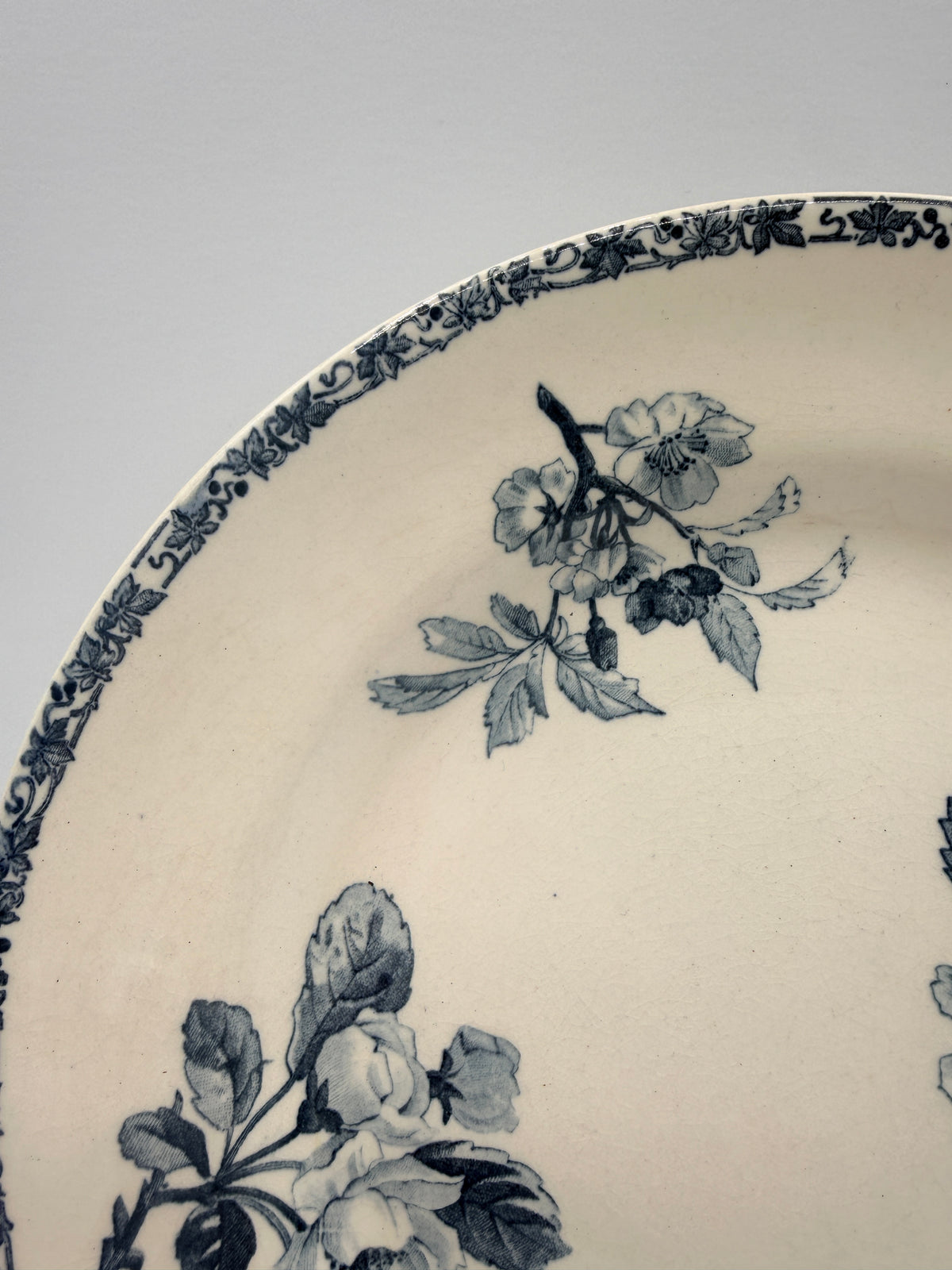 French Ironstone Transferware Floral Plate, Faiences Porcelaines Cristaux