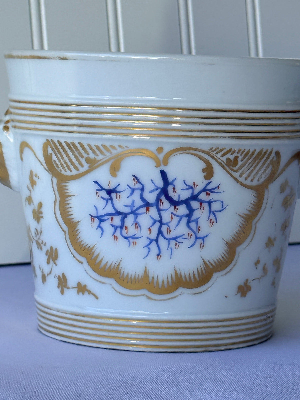 French Porcelain Jardinere or Cache Pot with Lion Mask Handles