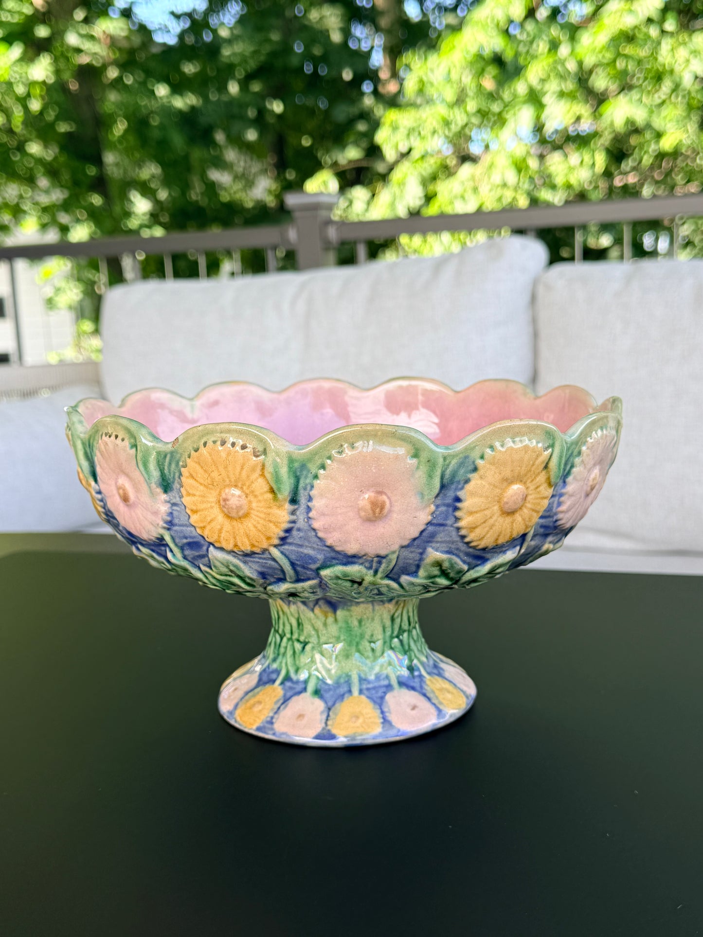 Majolica Ceramic Floral Compote Centerpiece, Griffin Smith