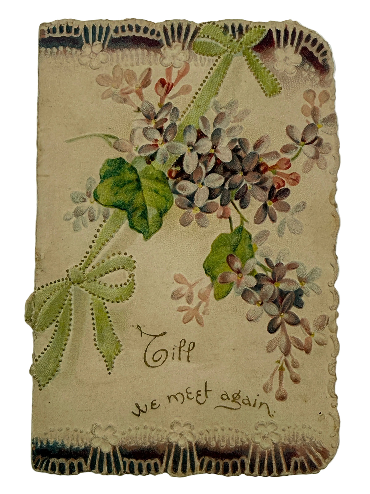 Vintage floral greeting card with a beige background, printed blossoms, green ribbon bows, and the words 'Tiff we meet again' at the bottom.