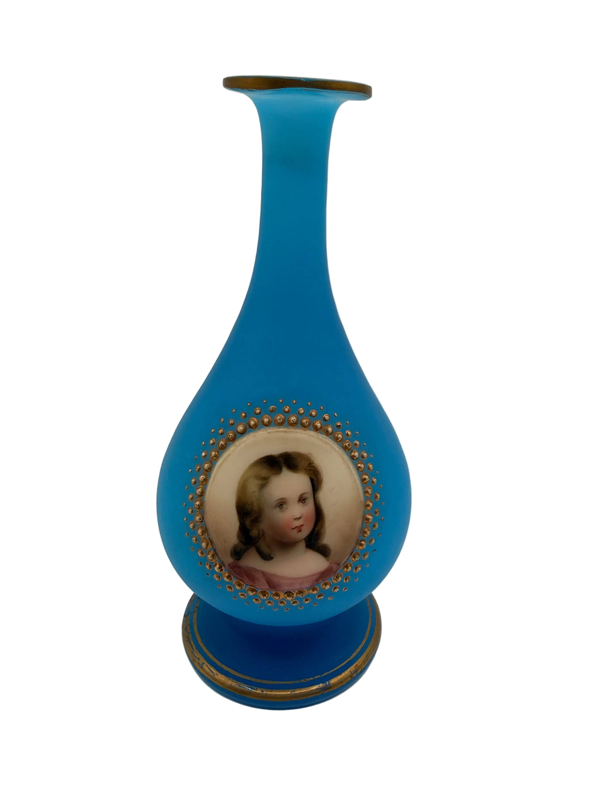 Vintage Blue Opaline Vase with Child Portrait