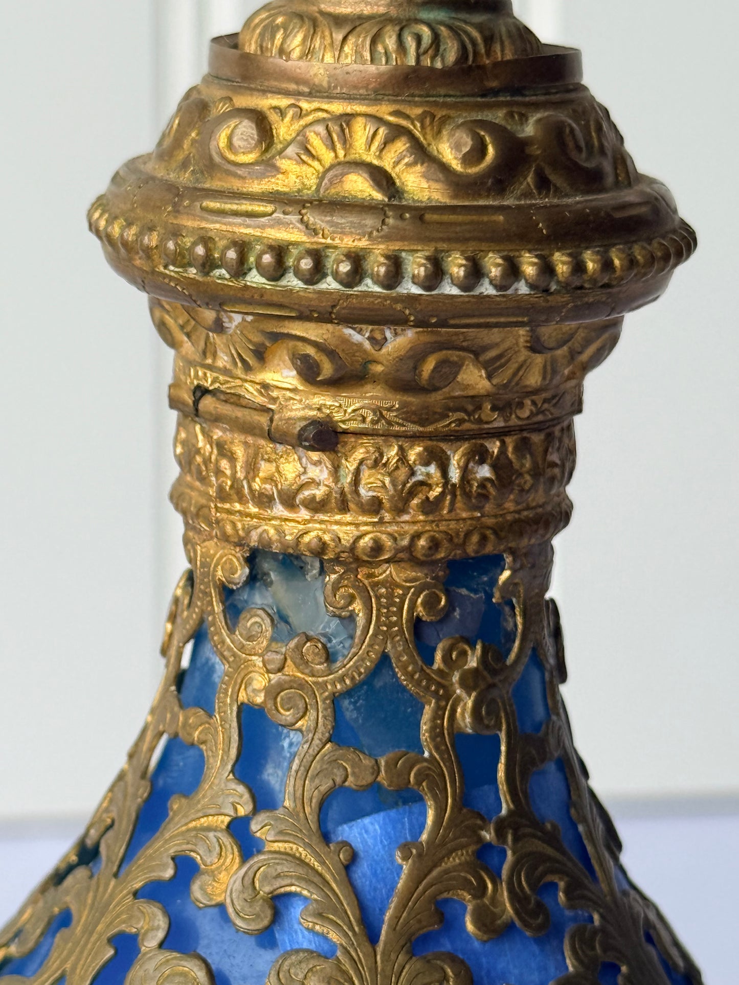 Antique French Royal Palais Blue Opaline Ormolu Glass Perfume Bottle