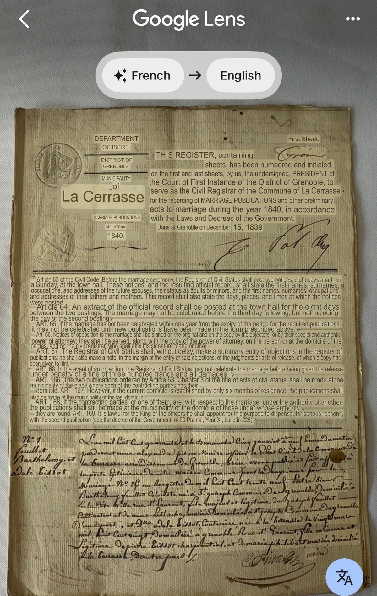 French Publication of Marriage, 1840, Grenoble DSM Vintage