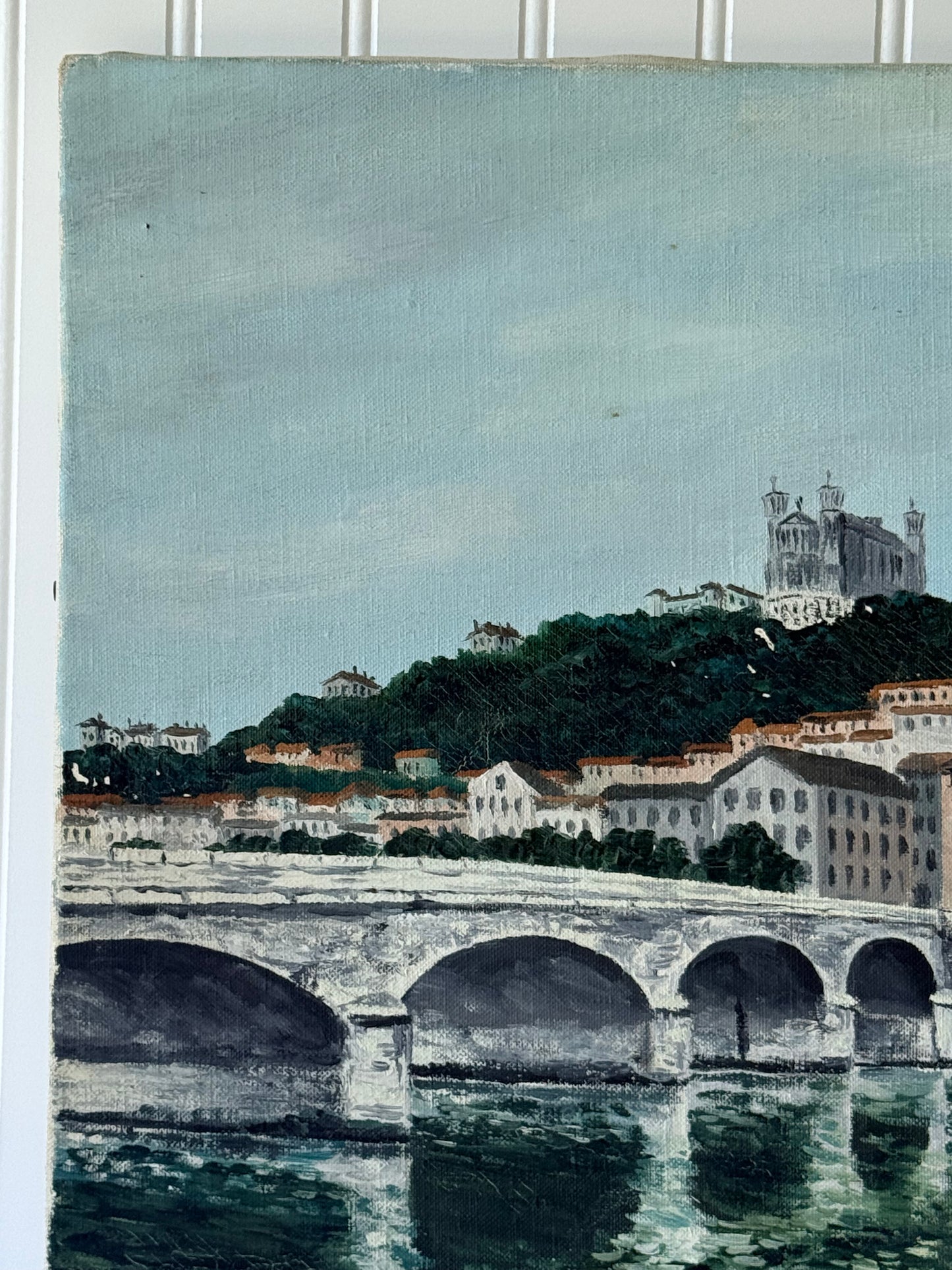 Vintage French Oil Painting Lyon Tilsit Bridge & Saône River, 18”