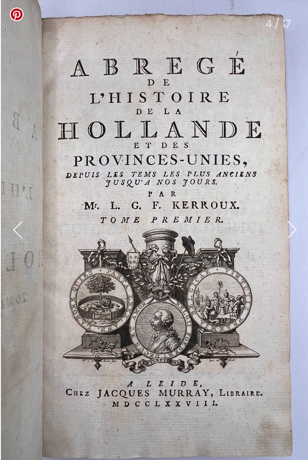 Vintage book titled 'Abrege de l'Histoire de la Hollande et des Provinces-Unies' with decorative title page.