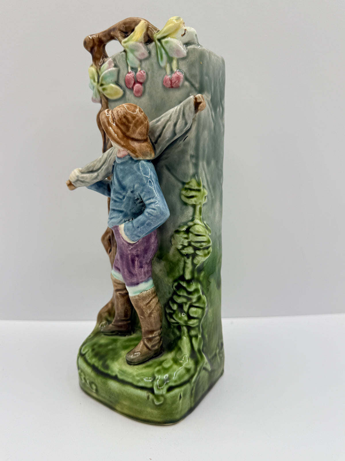 Majolica Statue Vase with Boy & Tree Scene, 10"