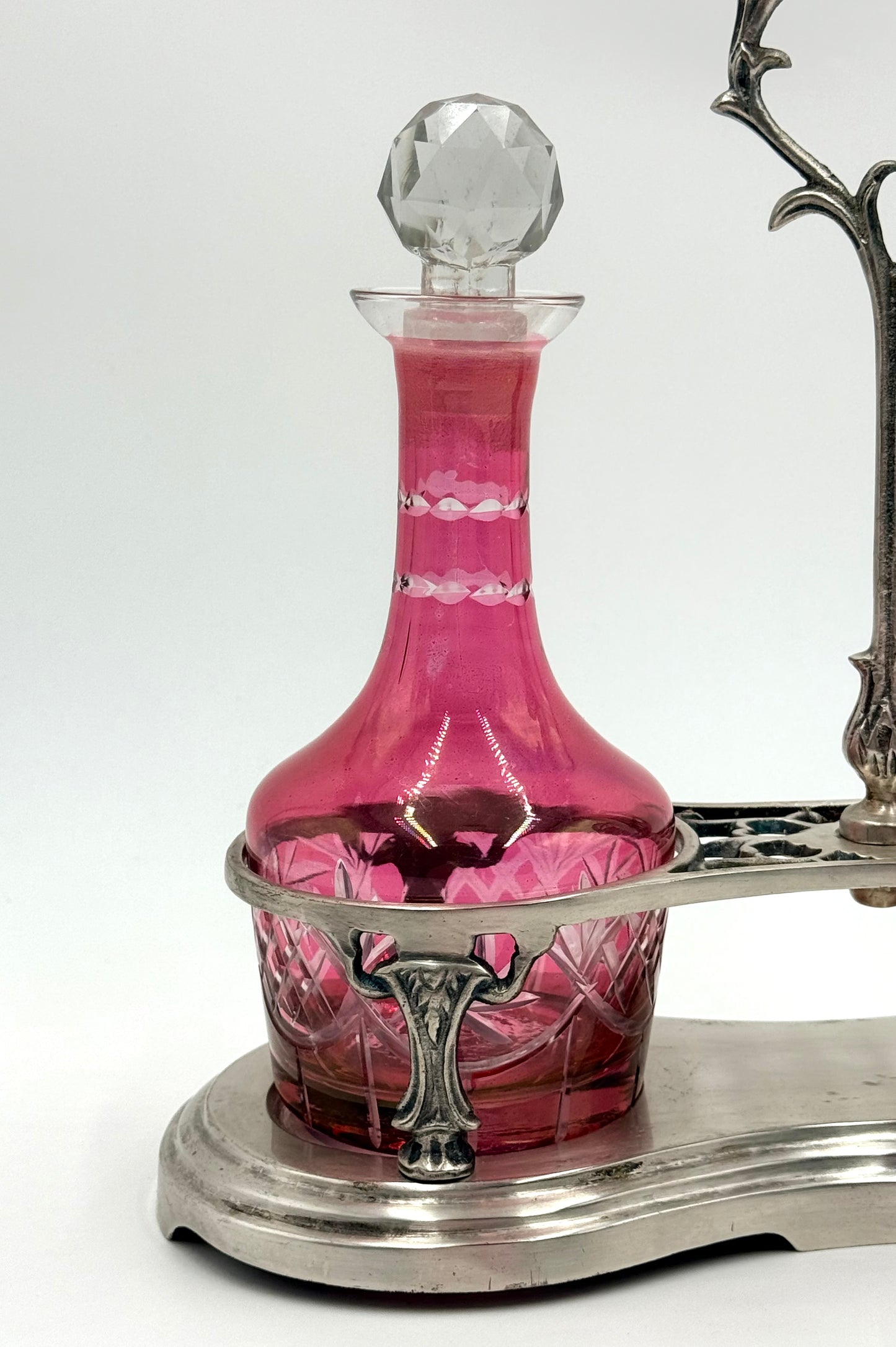 Pink Cranberry Glass Decanters on Stand