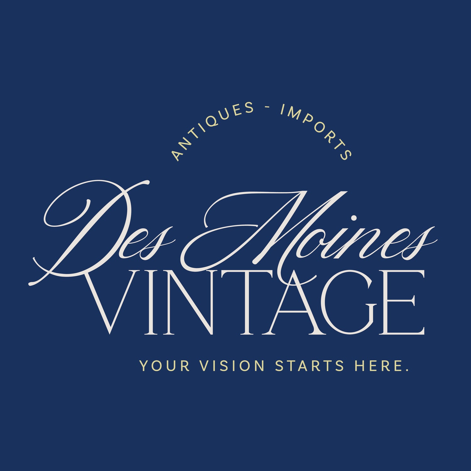 Logo of Des Moines Vintage on a blue background