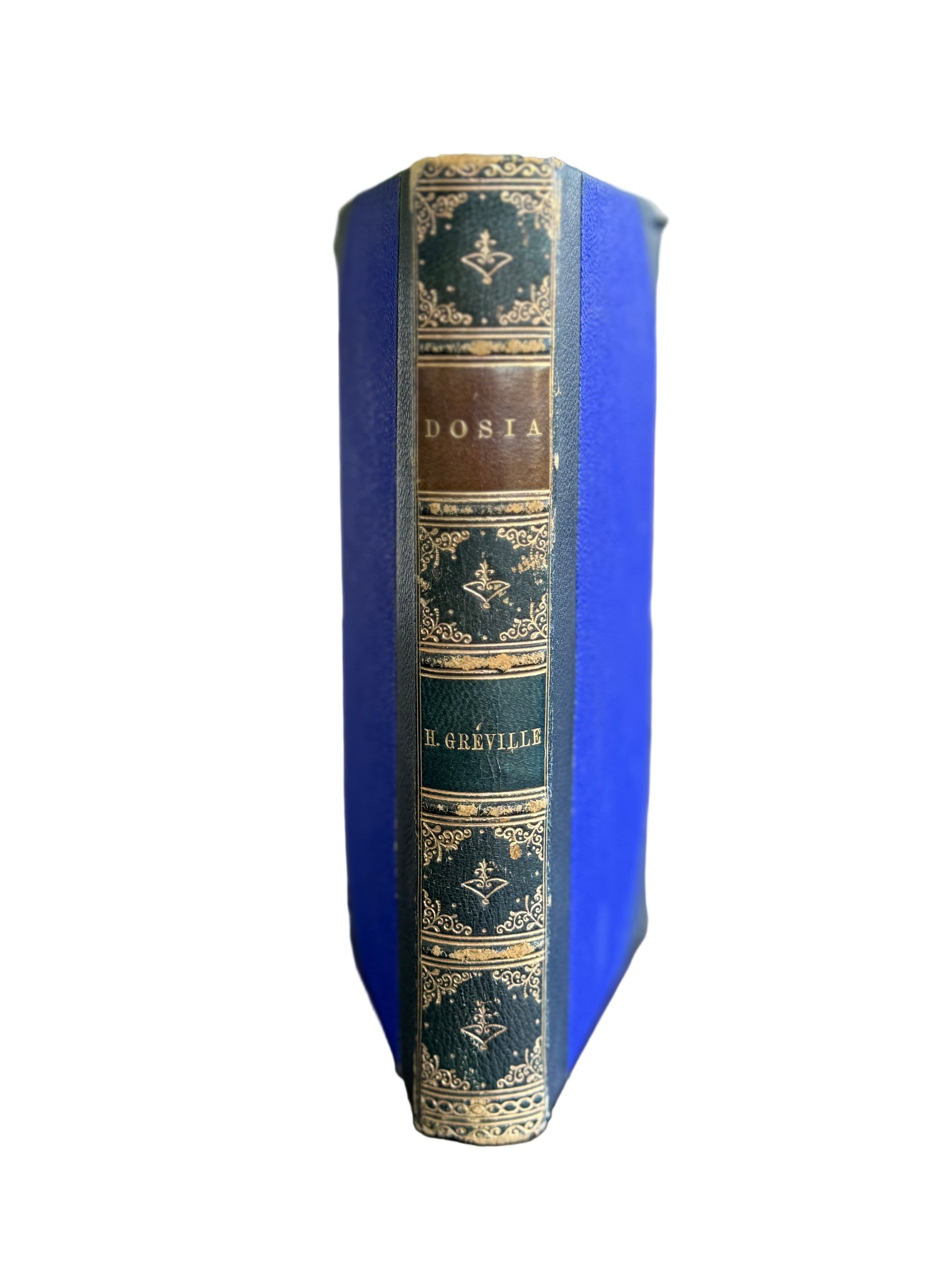 Blue book with decorative spine on a wooden surface