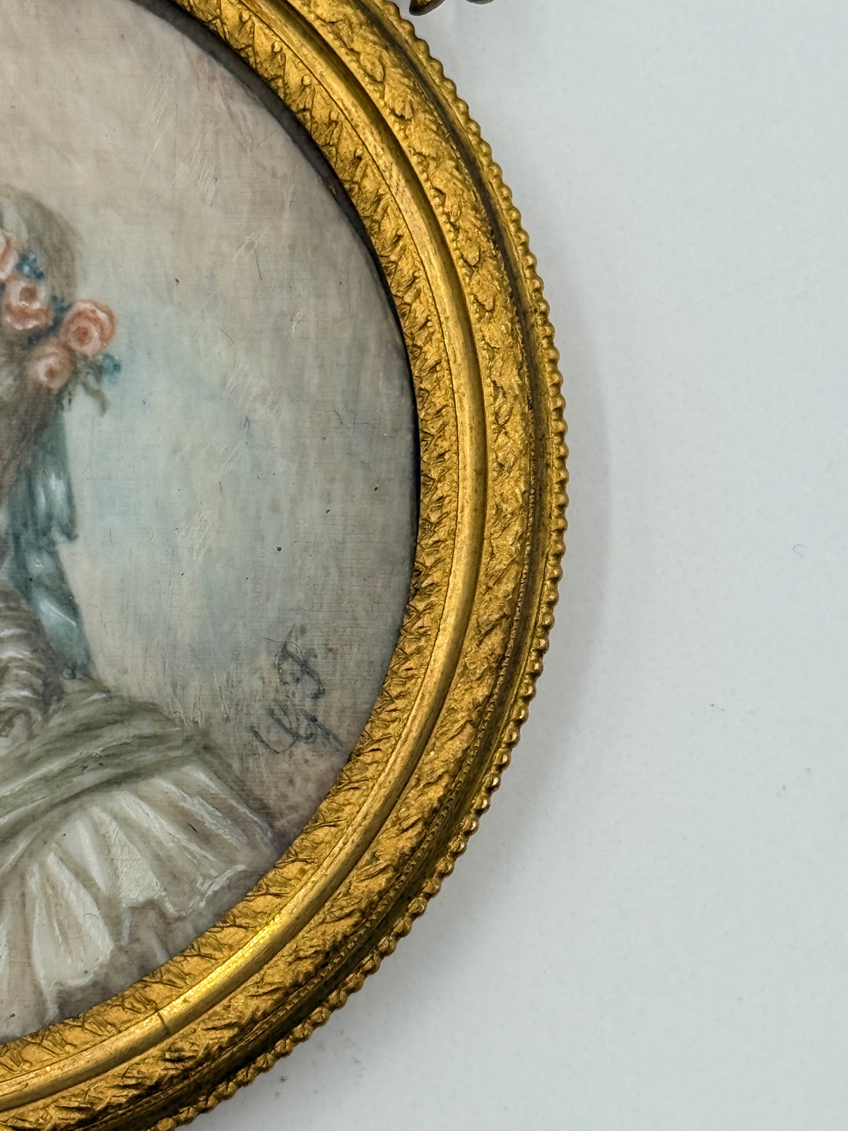 Miniature French Framed Female Portrait in Round Crowned Gold Frame, 3”