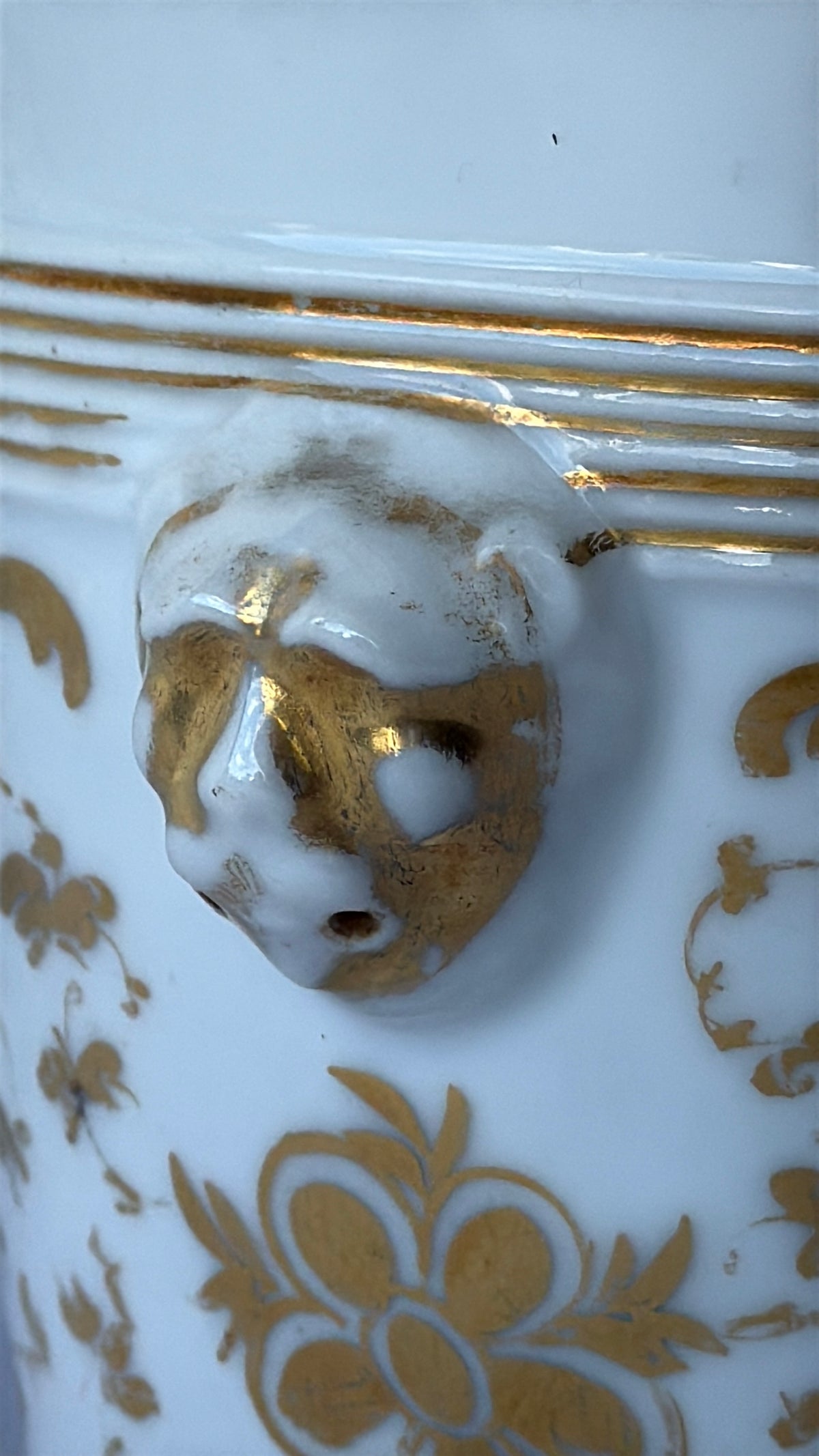 French Porcelain Jardinere or Cache Pot with Lion Mask Handles