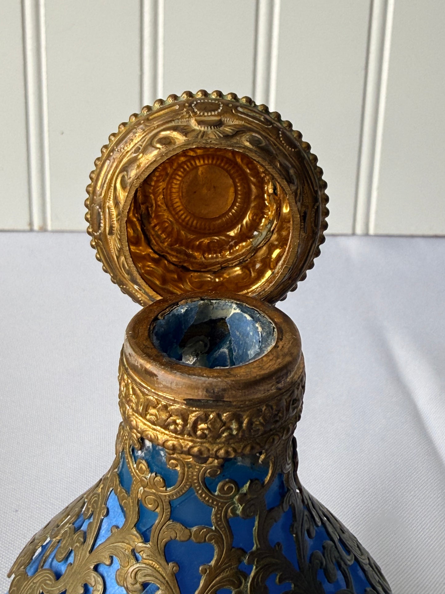 Antique French Royal Palais Blue Opaline Ormolu Glass Perfume Bottle