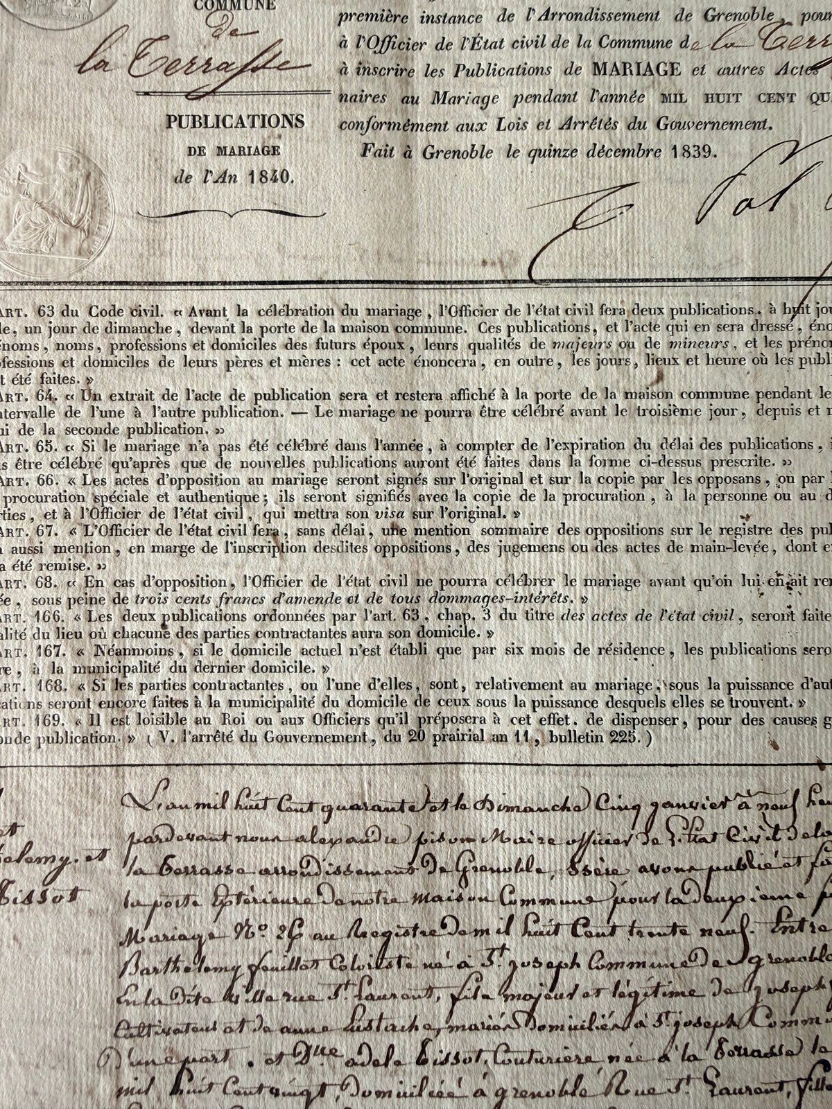 French Publication of Marriage, 1840, Grenoble DSM Vintage