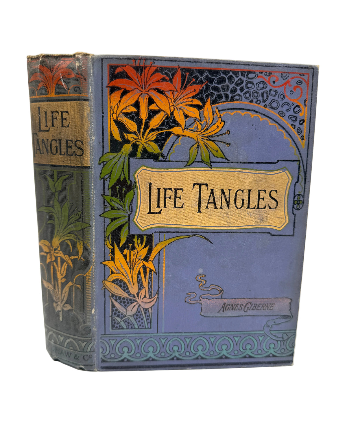 Vintage hardcover book titled 'Life Tangles' from Alice's Garden, featuring an ornate Art Nouveau cover with a muted blue-gray background, yellow title panel, and orange and green floral illustrations.