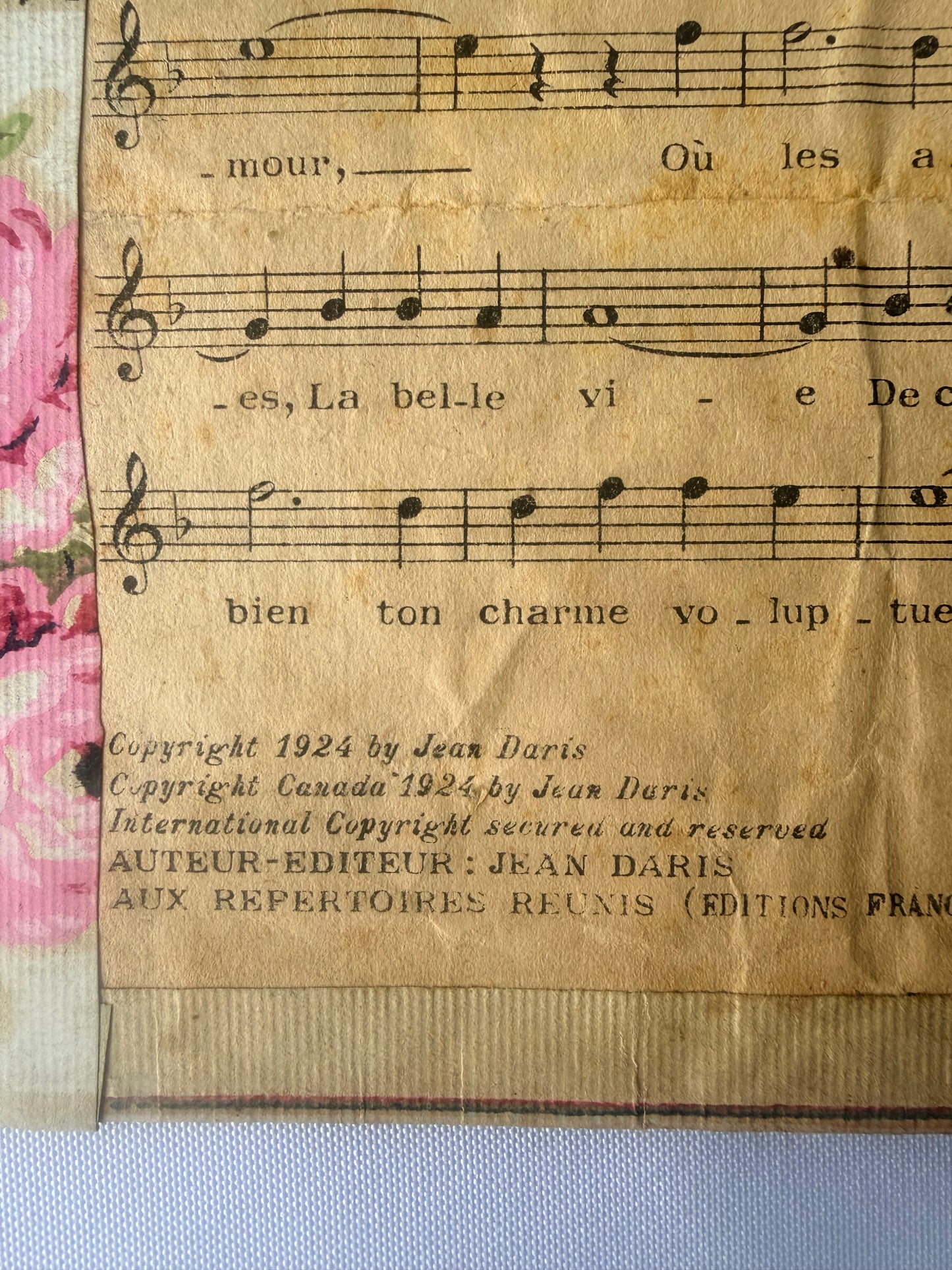 Vintage Floral French Canadian Sheet Music Ephemera