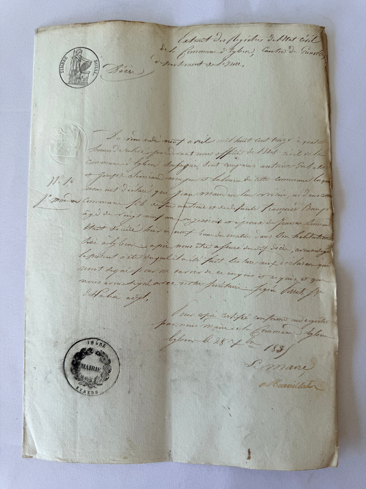 French Handwritten City Hall Document, 1838, Grenoble