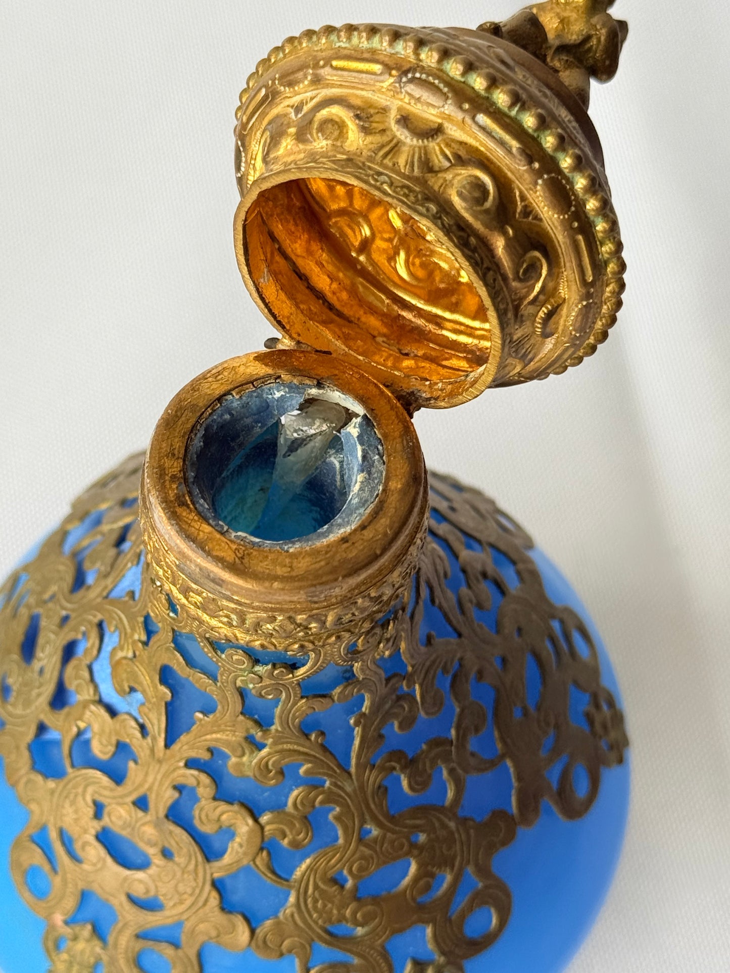 Antique French Royal Palais Blue Opaline Ormolu Glass Perfume Bottle