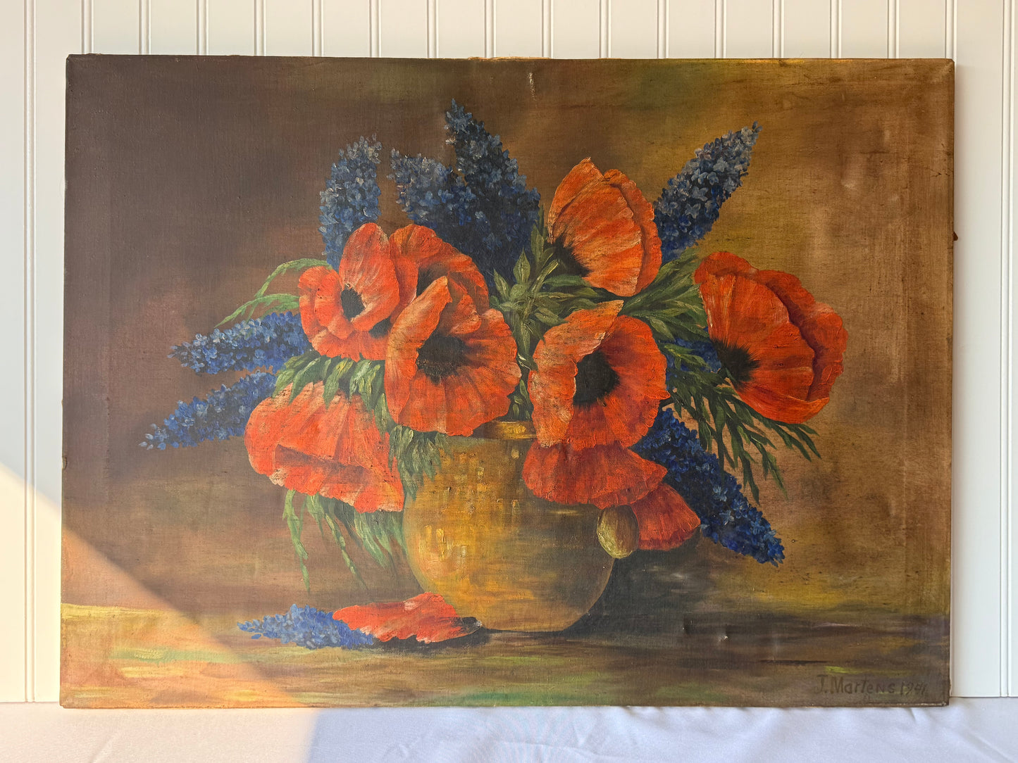 Vintage Floral Poppy Oil Painting, 30”