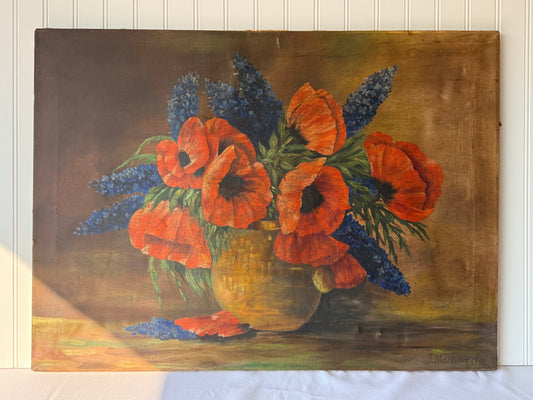 Vintage Floral Poppy Oil Painting, 30”