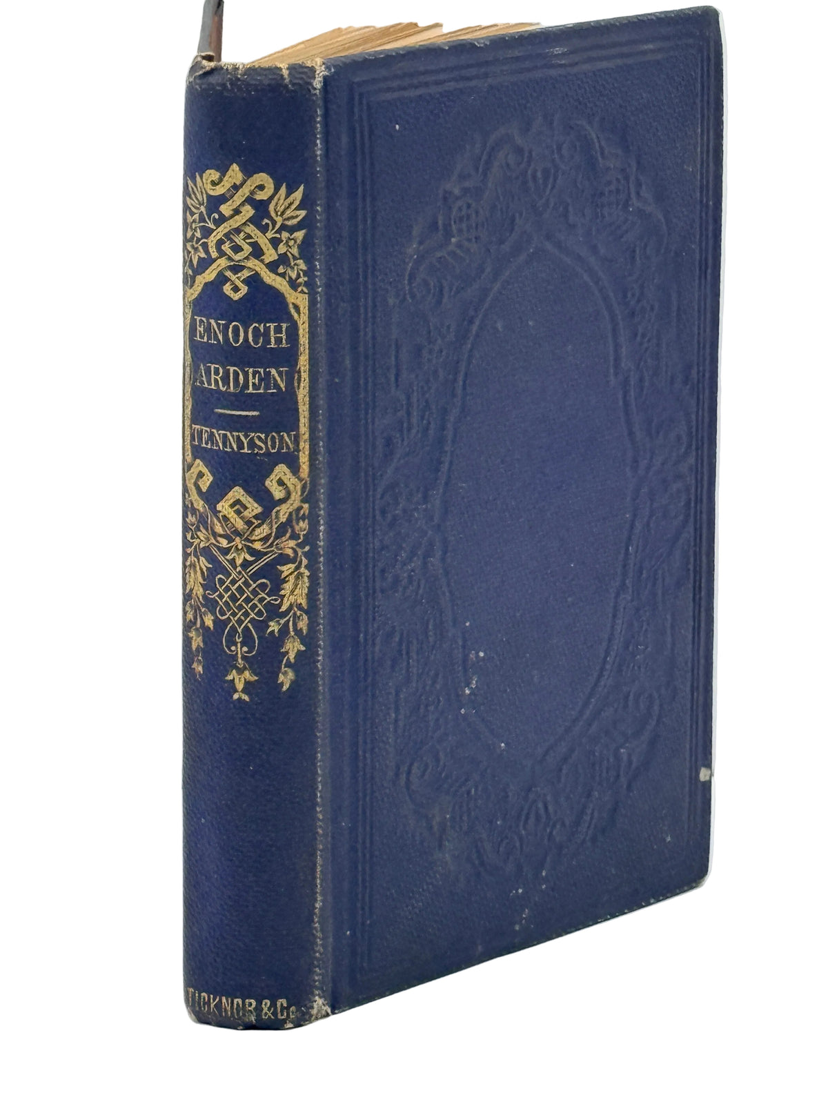 A vintage hardcover book titled 'Enoch Arden's Garden' by Henry W. Benson, featuring a dark blue leather cover with ornate gold embossed detailing on the spine and front cover.