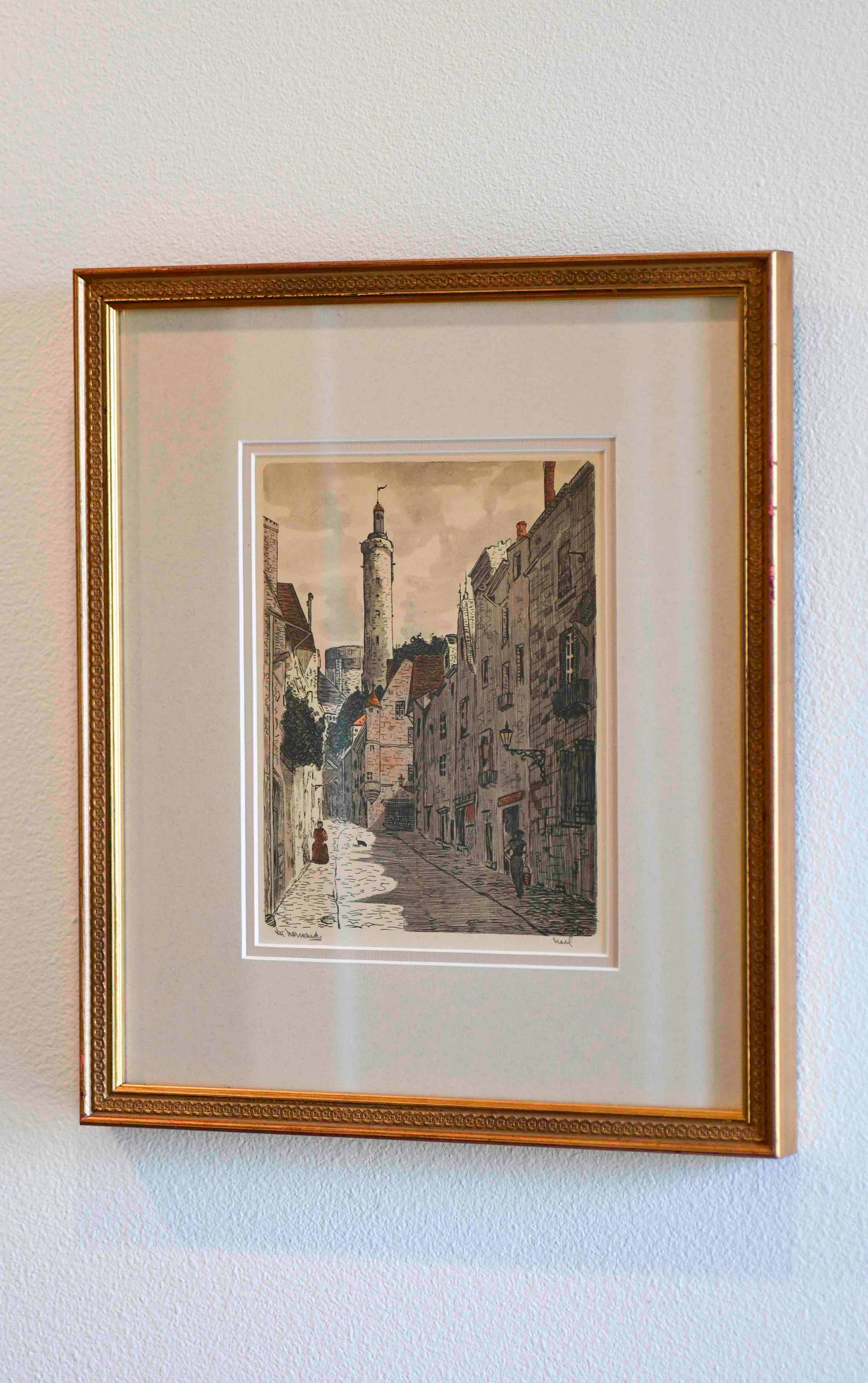 Watercolor on Engraving, Street in Normandy