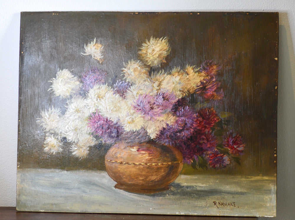 Purple Floral Still Life Vintage Painting, 24” BB Antiques & Imports