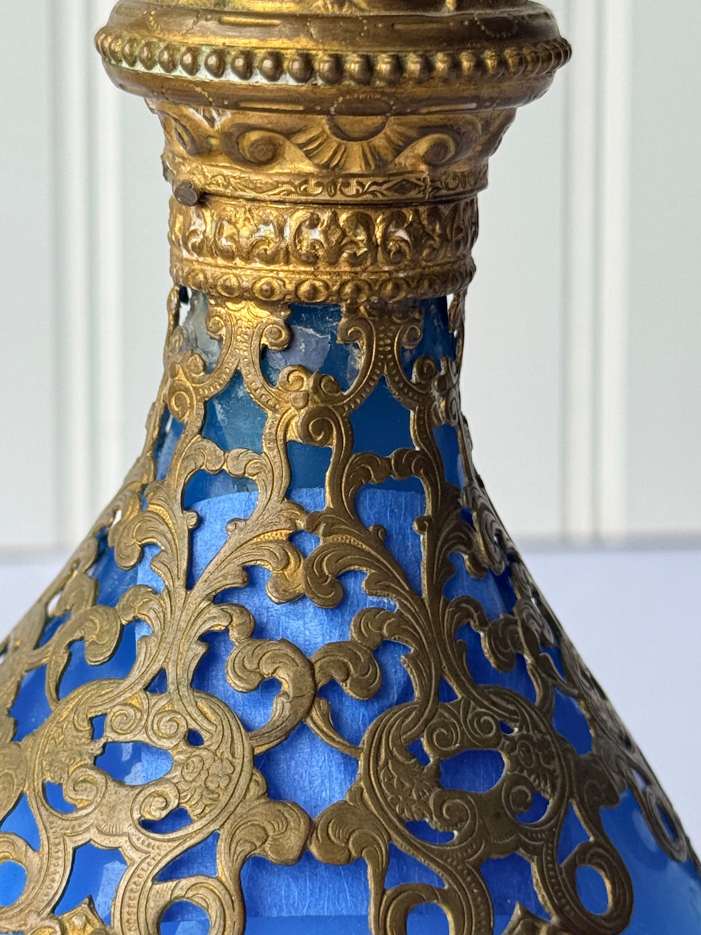 Antique French Royal Palais Blue Opaline Ormolu Glass Perfume Bottle