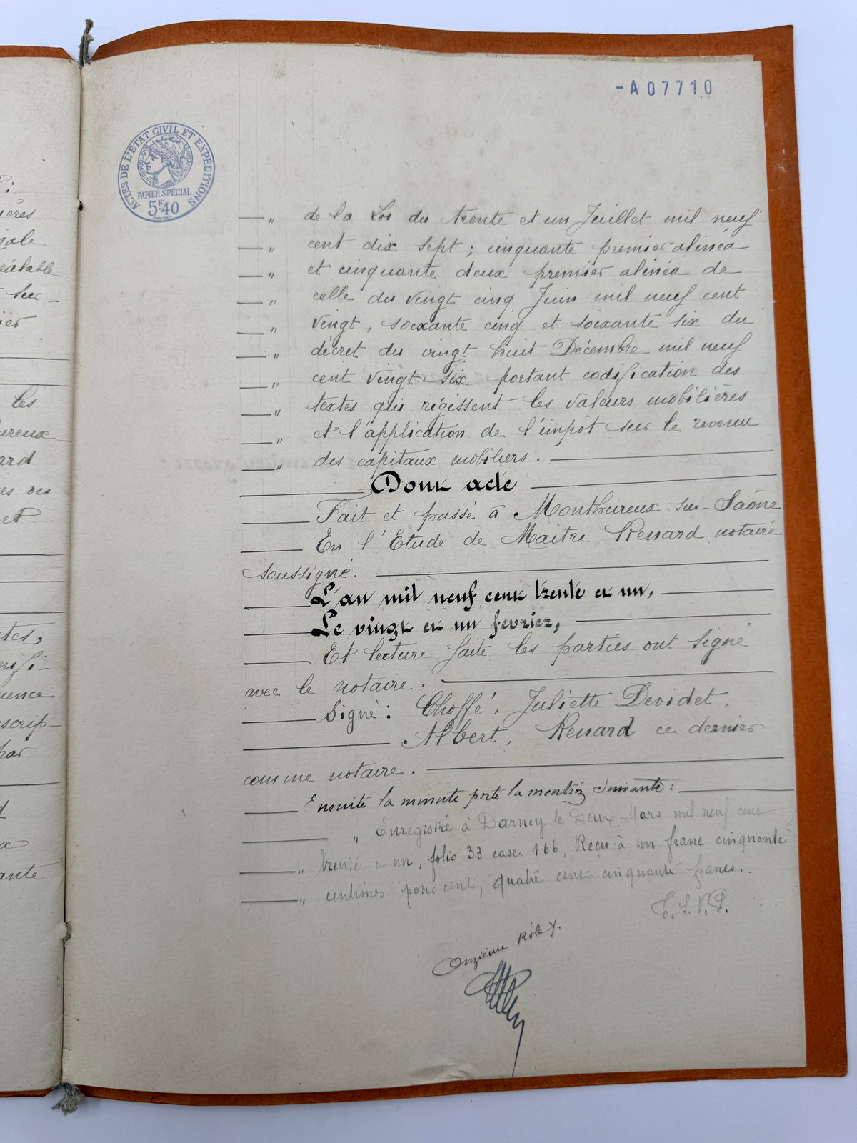 French Vintage Handwritten Bond Document, 1931