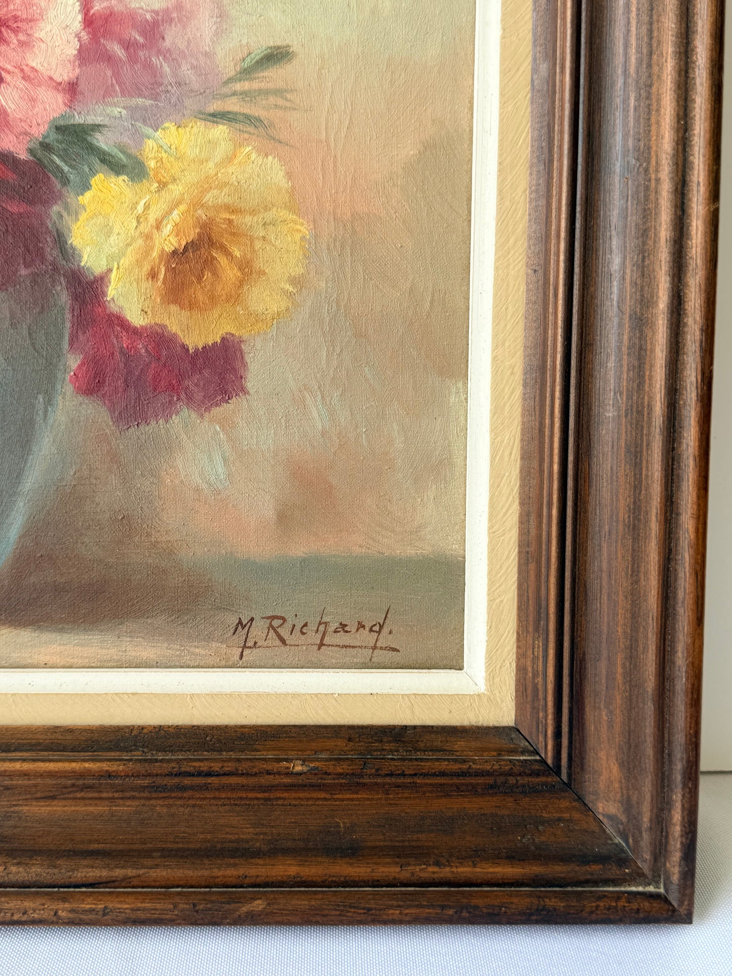 Vintage French Floral Still Life Oil Painting, 16”