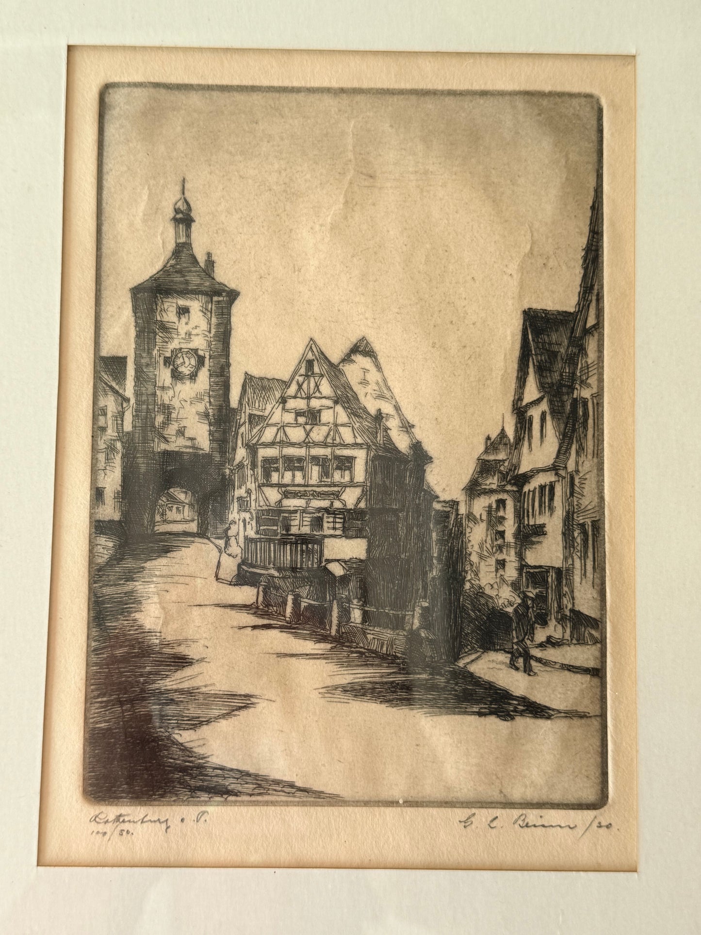 Rothenburg Marcus Tower Antique Etching, Germany, 12”