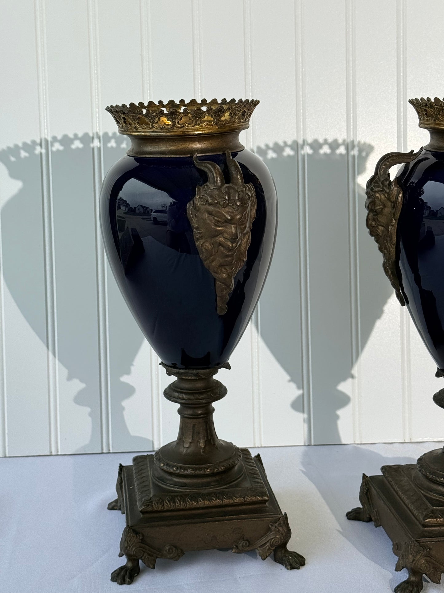Neoclassical Cobalt Blue Urns on Footings with Bronze Faces, 14”