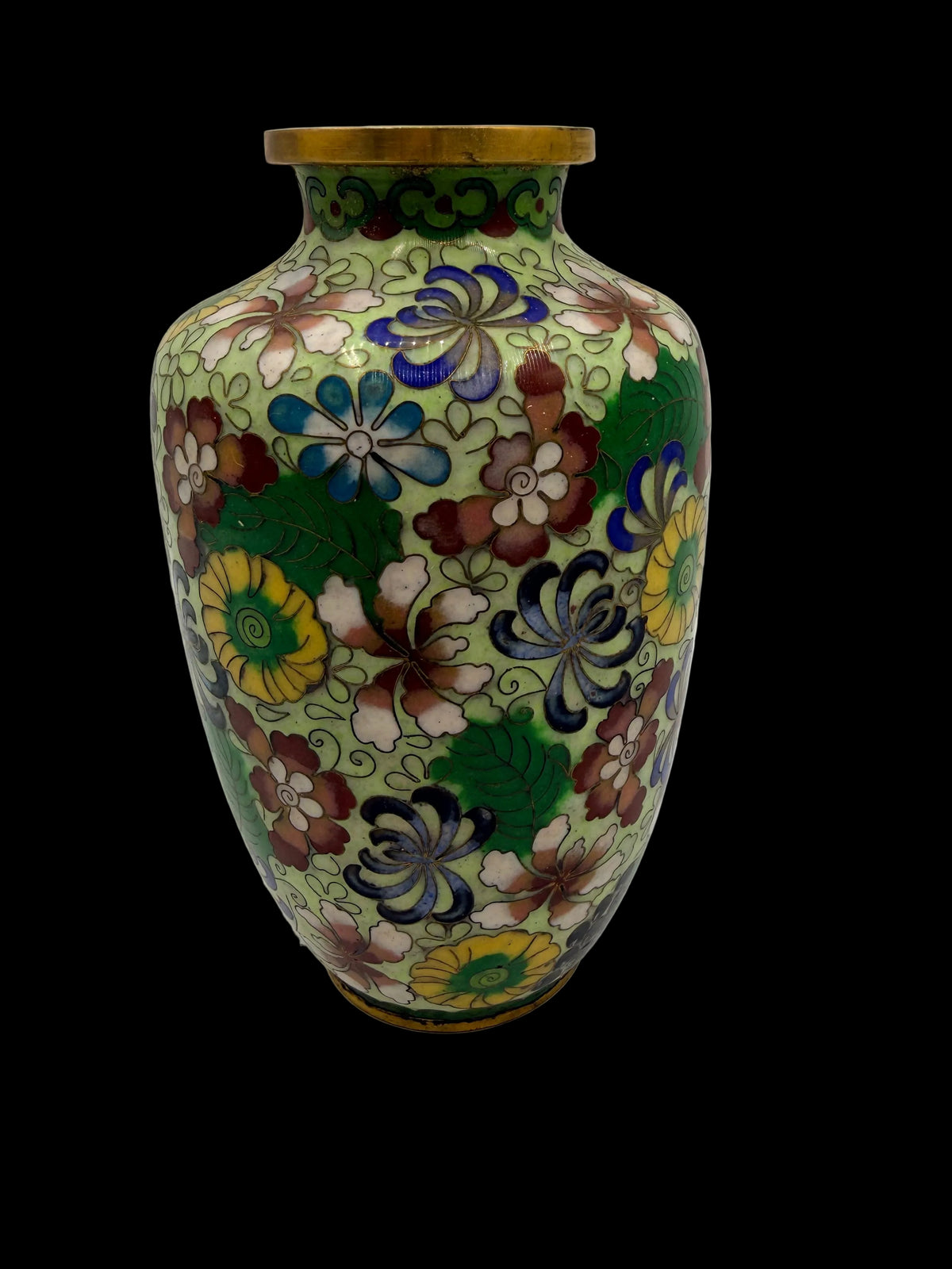 A traditional Chinese cloisonné enamel vase with a floral pattern, featuring a light green base with multicolored flowers and gold-toned metal trim at the rim and base, set against a plain light gray background.