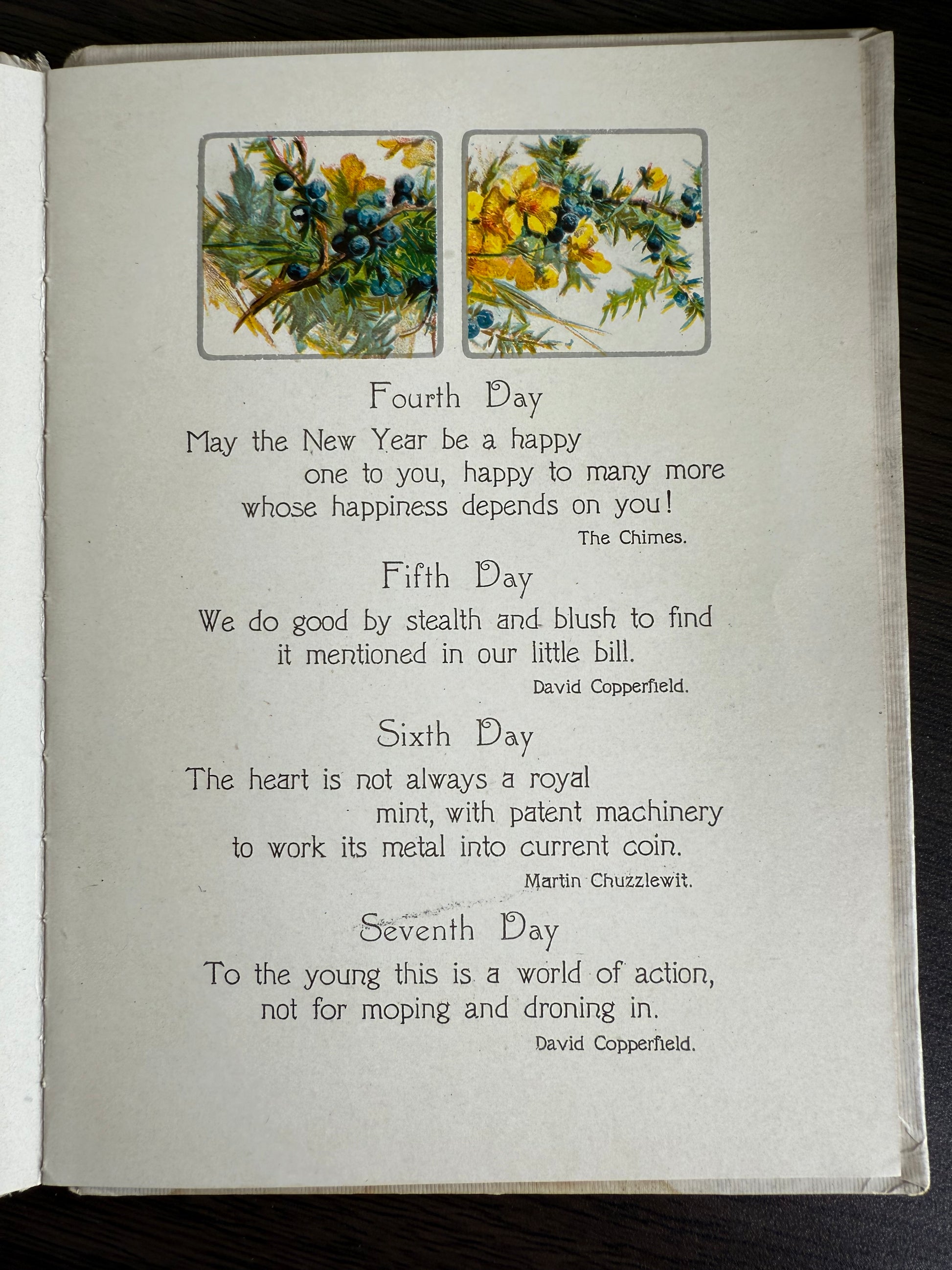 Book with text and floral illustrations on a white background