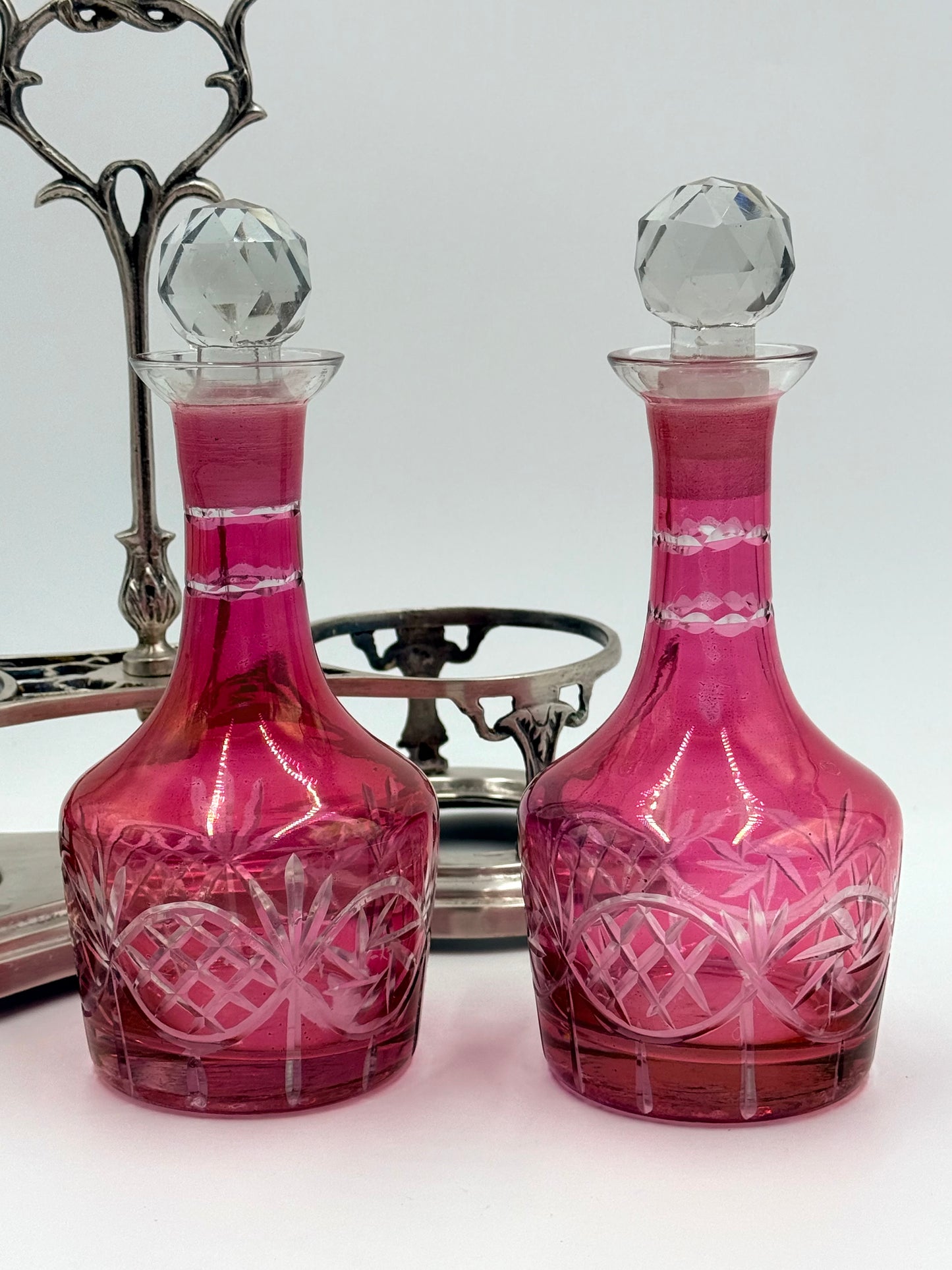 Pink Cranberry Glass Decanters on Stand