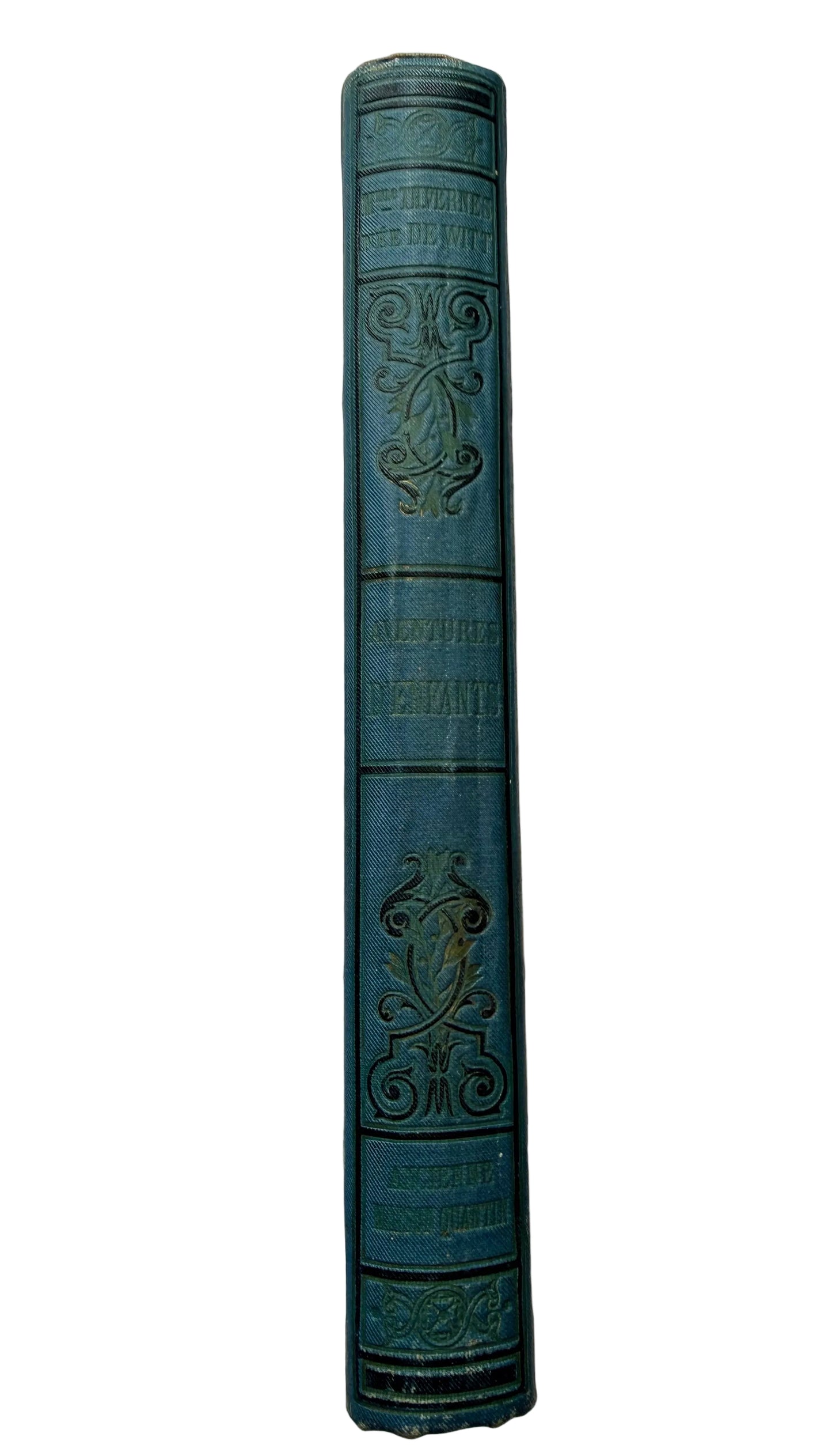 Vintage book with decorative blue binding on a white background