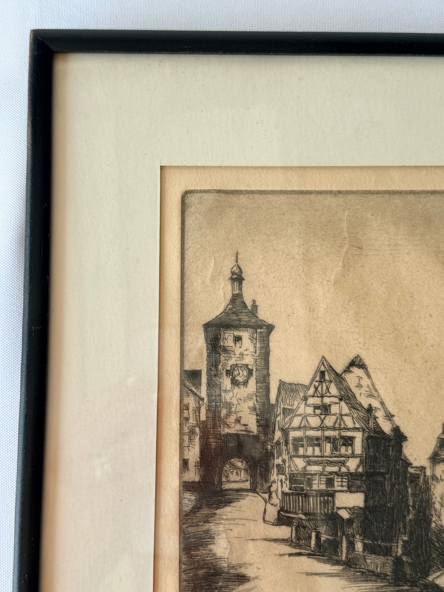 Rothenburg Marcus Tower Antique Etching, Germany, 12”