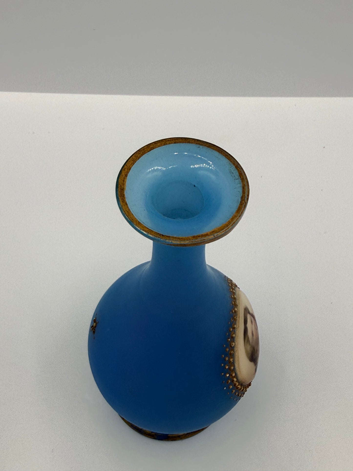 Vintage Blue Opaline Vase with Child Portrait
